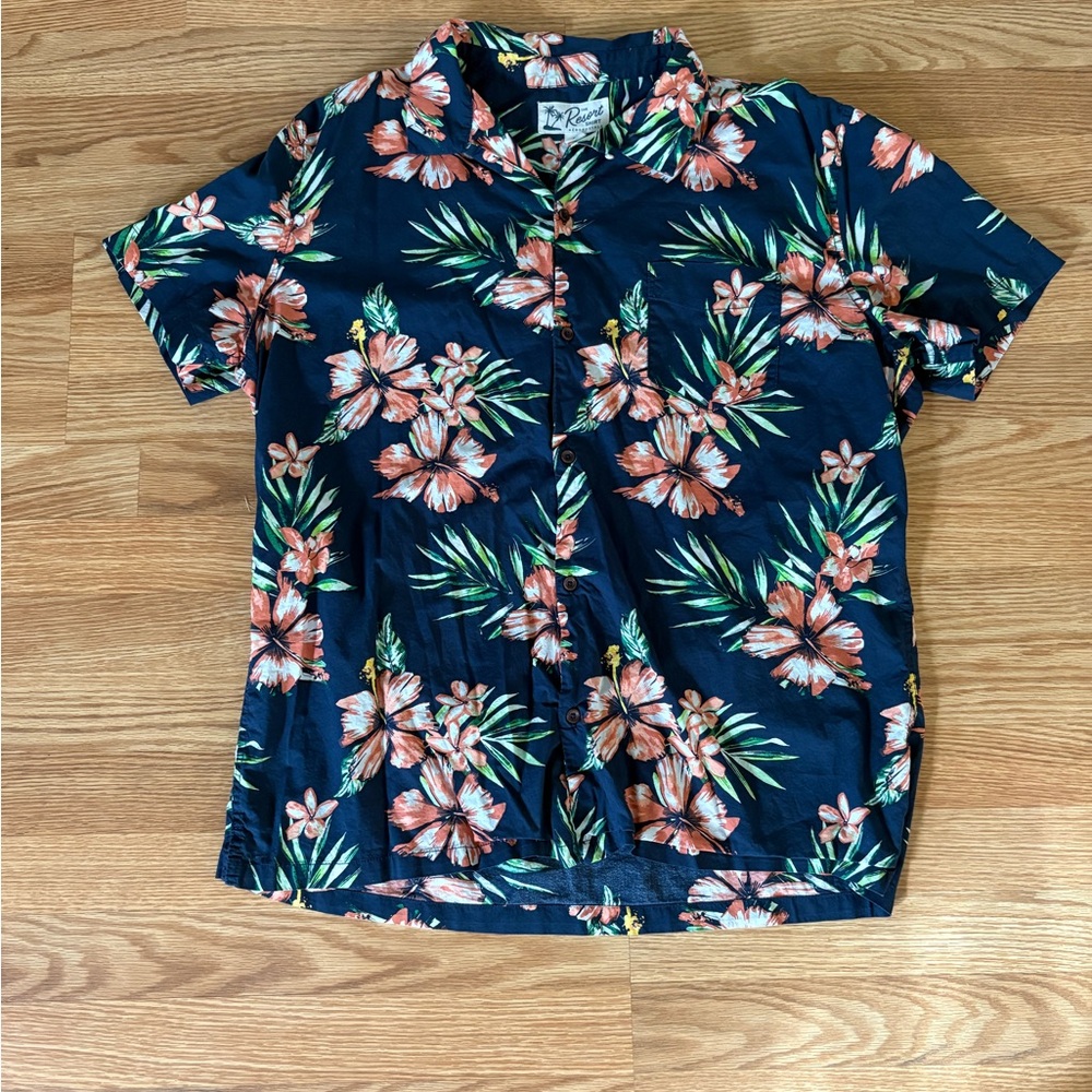 Aeropostale Men's Navy and Orange Floral Shirt XL Button Down